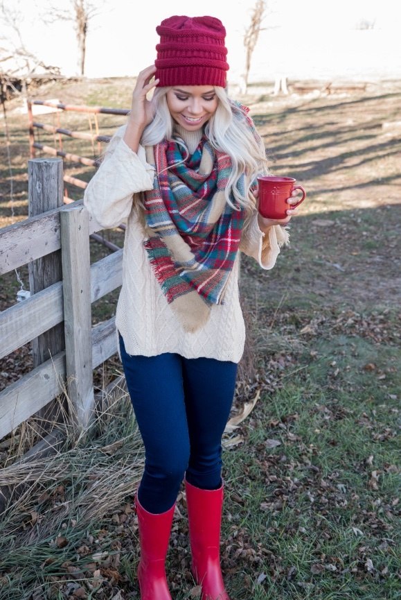 Plaid Blanket Scarf -Red/Taupe/Green - BAD HABIT BOUTIQUE