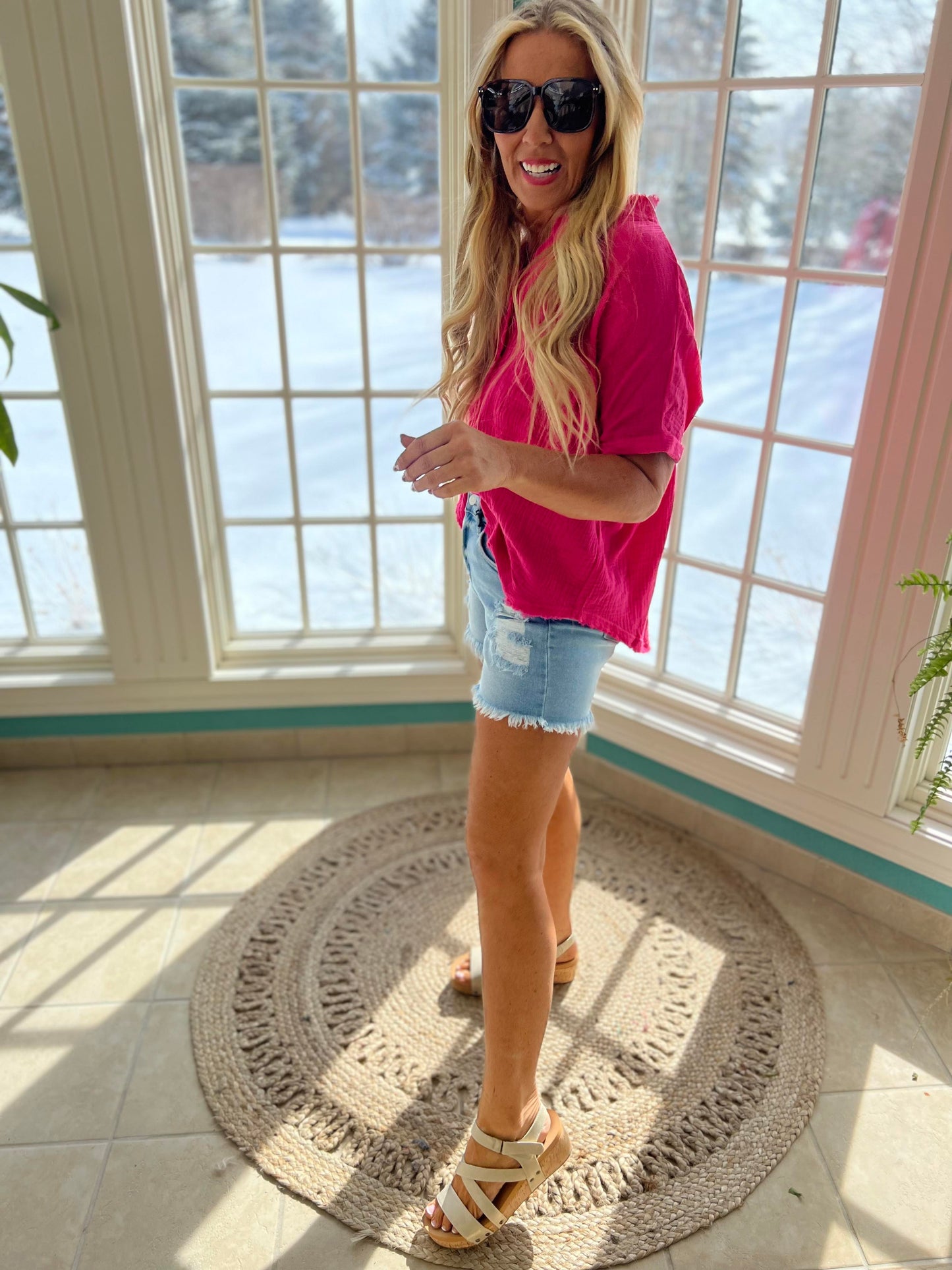 Distressed Gauze Button Up Top