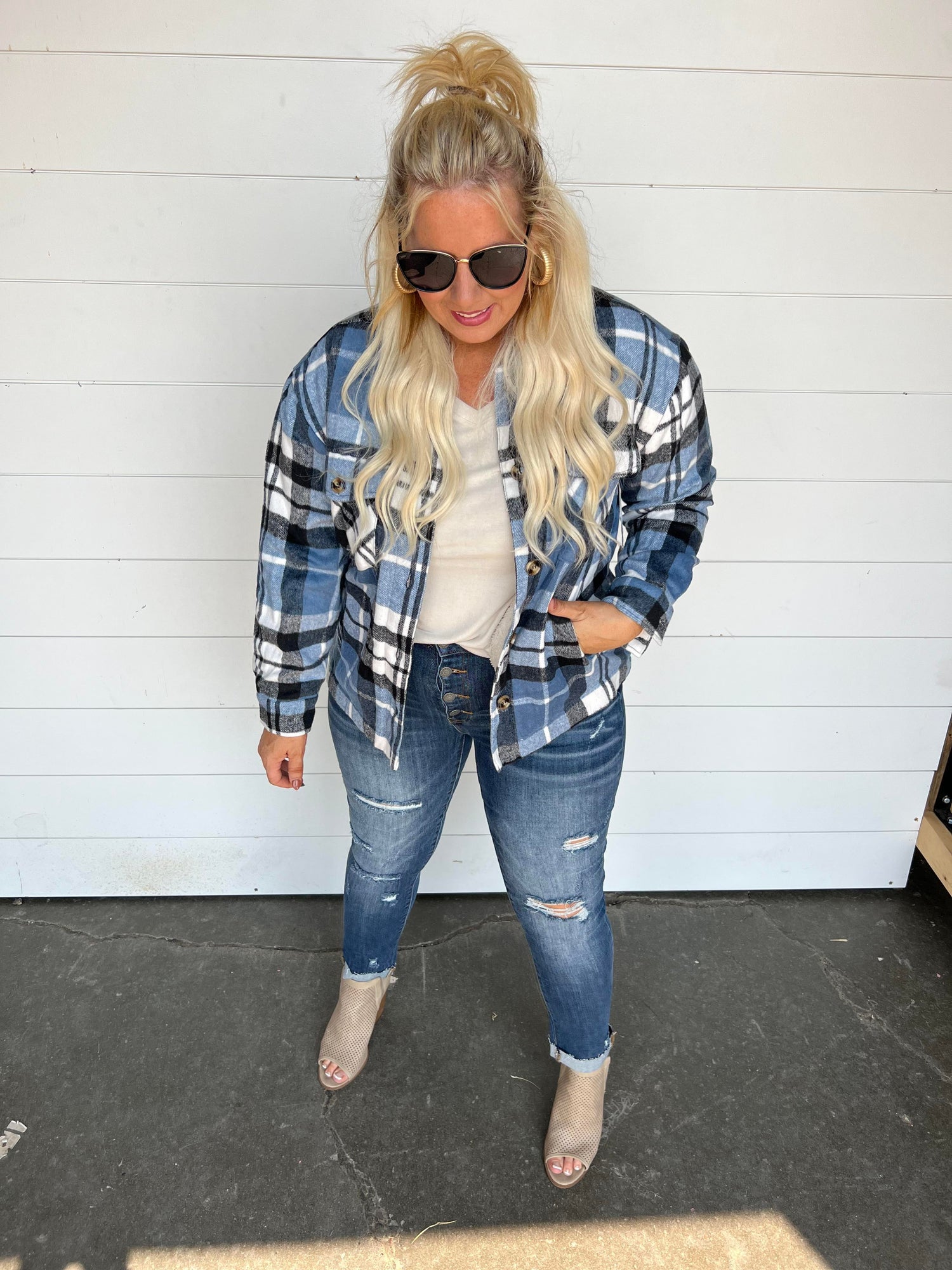 blue plaid button down top
