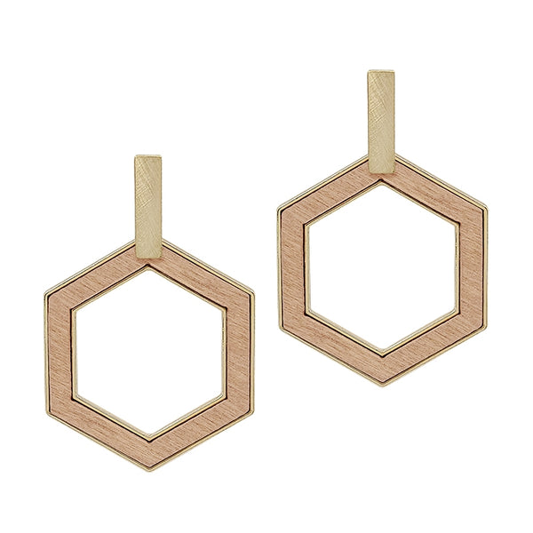 Light Pink Wood Hexagon Earrings