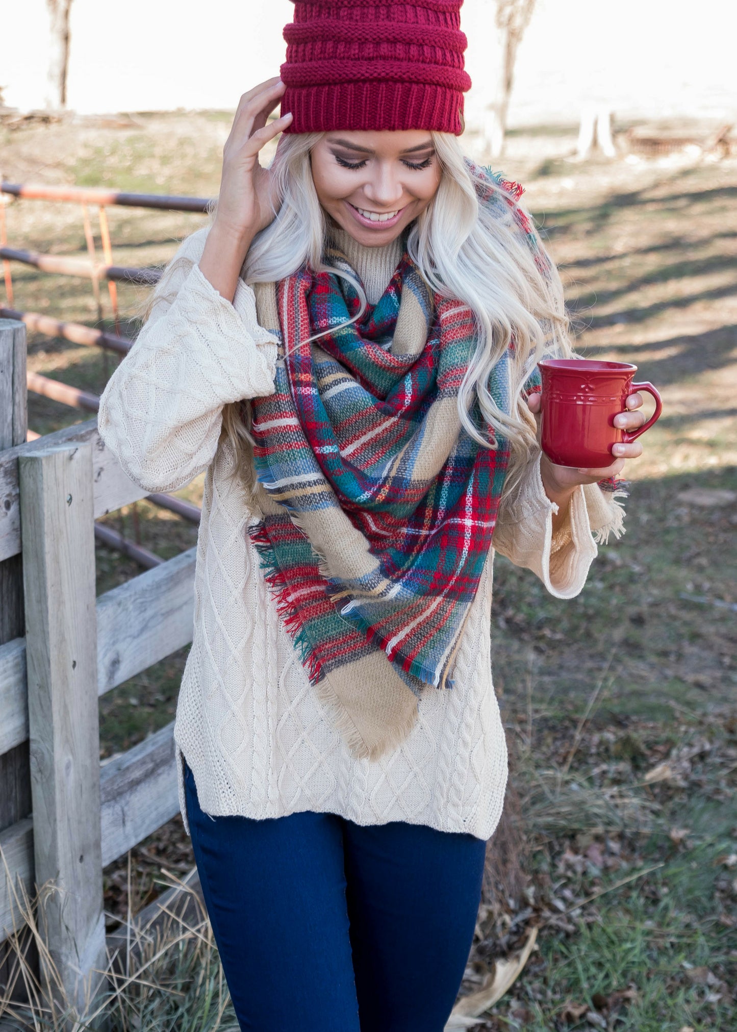 Plaid Blanket Scarf -Red/Taupe/Green - BAD HABIT BOUTIQUE