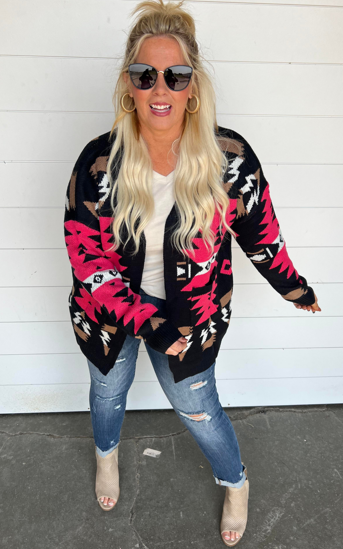 BRIGHT PINK BLACK AZTEC CARDIGAN