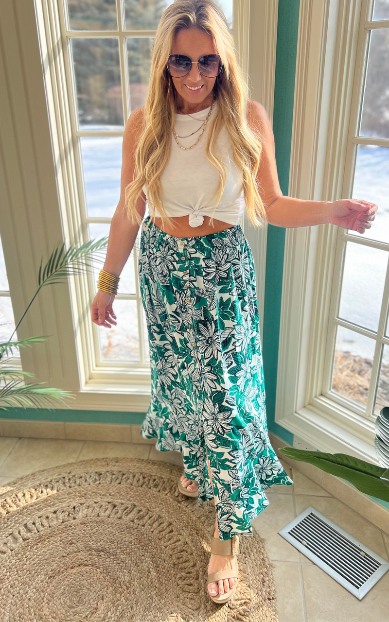Floral Button Front Smocked Maxi Skirt