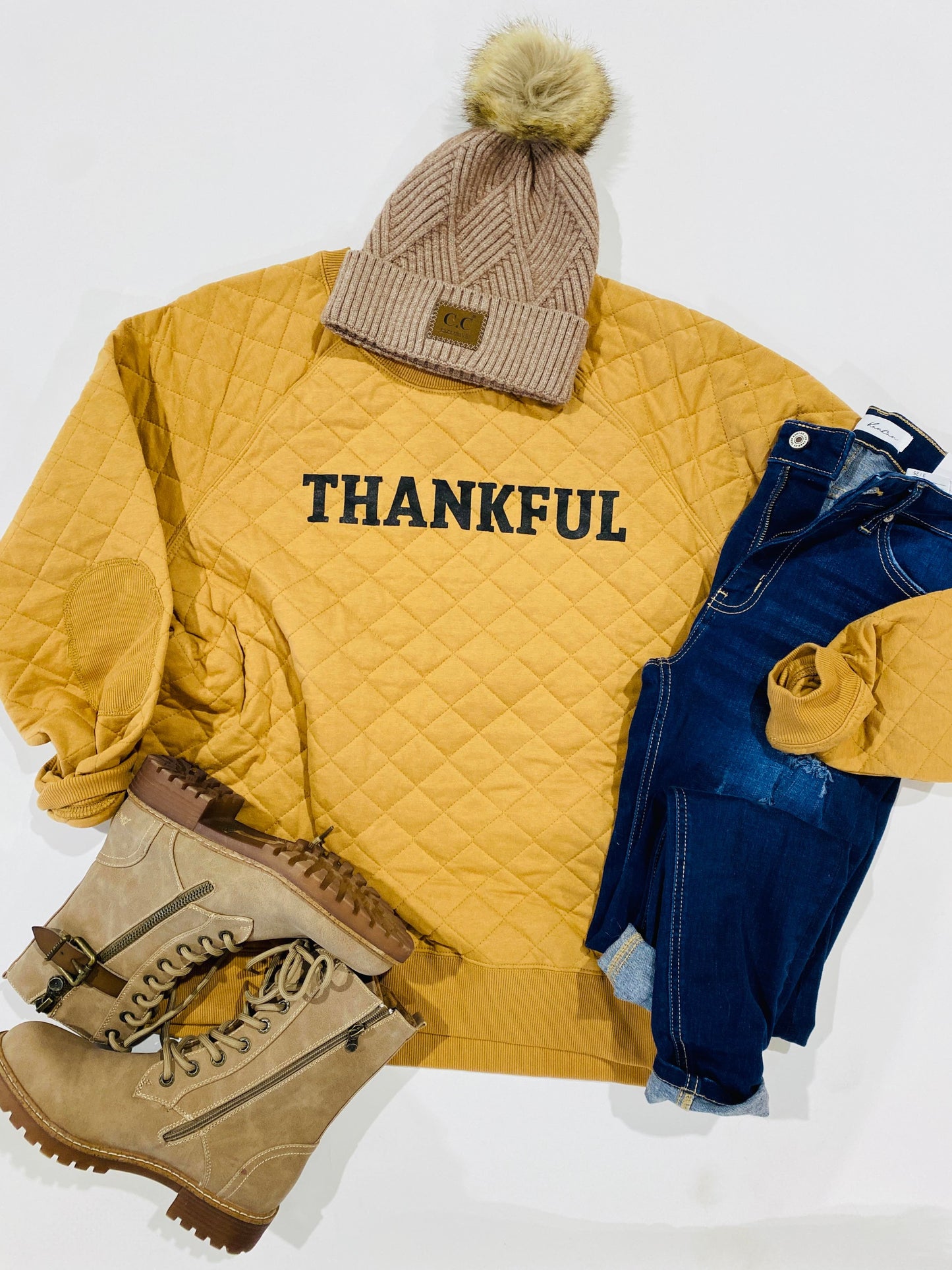Thankful Quilted Sweatshirt - Caramel** - Final Sale
