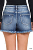 Frayed Hem Button Fly Denim Shorts - Dark Wash
