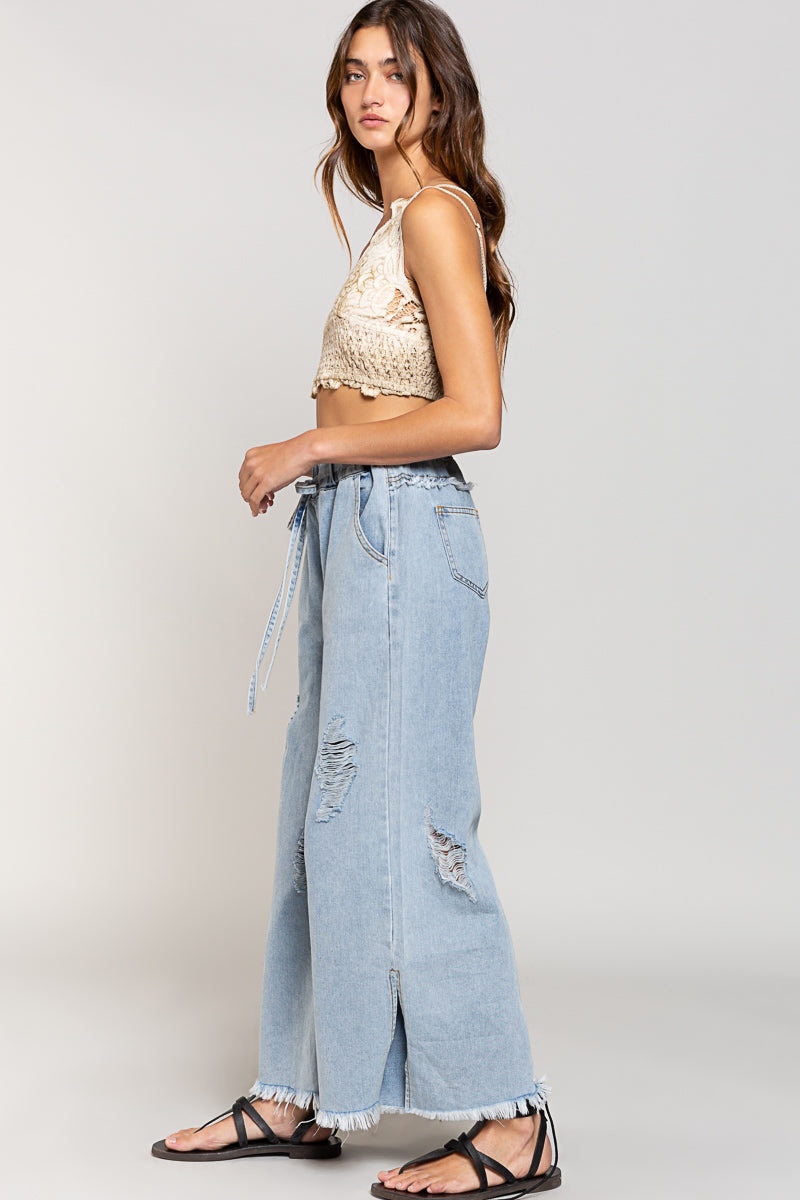 Denim Wide Leg Drawstring Pants | POL - Final Sale