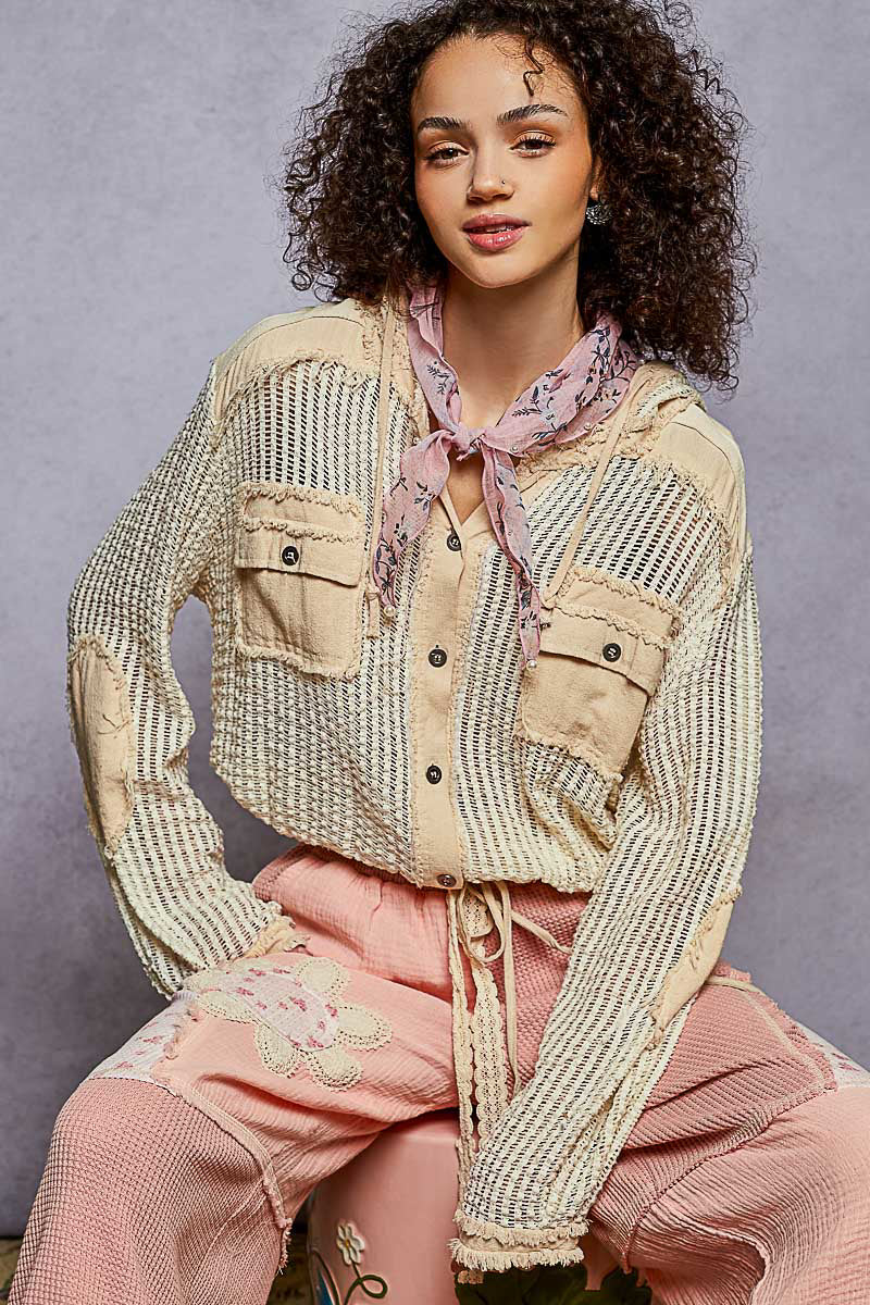 Cream Frayed Edge Button Down Hoodie | POL