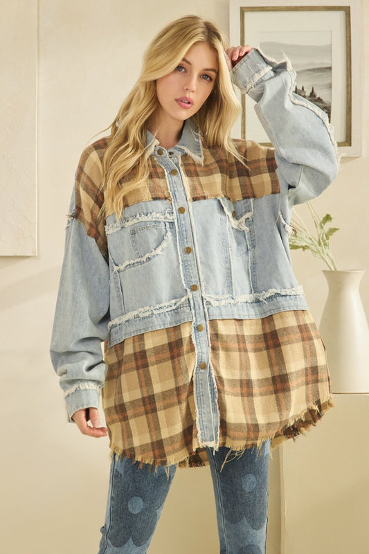 Washed Plaid Denim Mix Button Down Shacket |OLI & HALI *NASHVILLE LIVE PREORDER