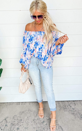 The Peony Off the Shoulder Peasant Top - Blue | FINAL SALE