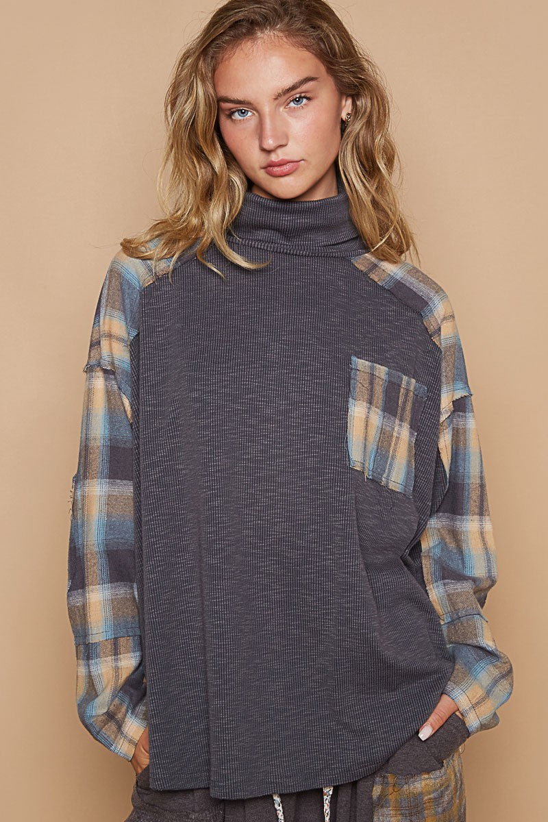 Turtleneck Plaid Contrast Long Sleeve Top | POL