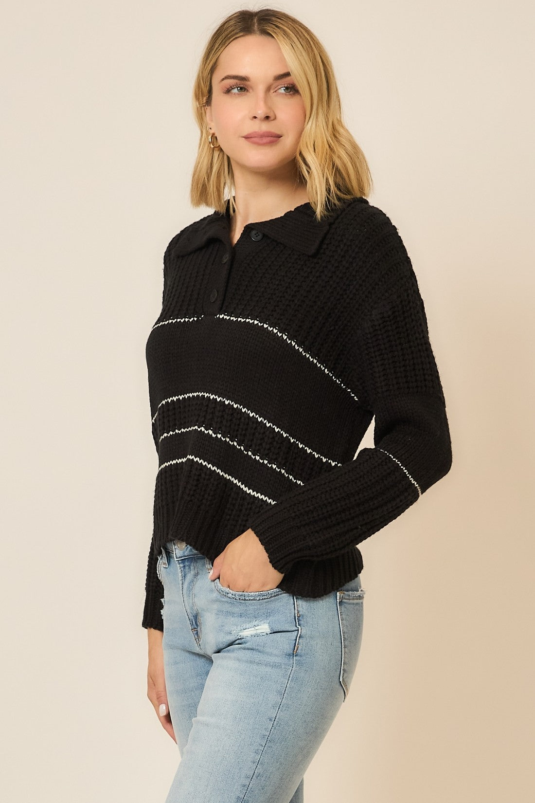 Black Button Up Knit Sweater With Contrast Stripes | COZY CO *30A SEPT PREORDER