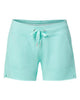 Close-up of soft mint fleece shorts featuring an elastic waistband, front pockets, and side hem detail.