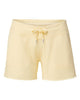 Product shot of soft yellow fleece shorts featuring an elastic waistband, front pockets, and side hem detail.