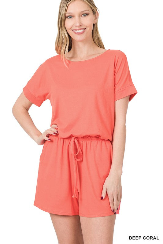 DEEP CORAL Brushed DTY Romper w/ Pockets | Zenana