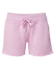 Close-up of soft pink fleece shorts featuring an elastic waistband, front pockets, and side hem detail.