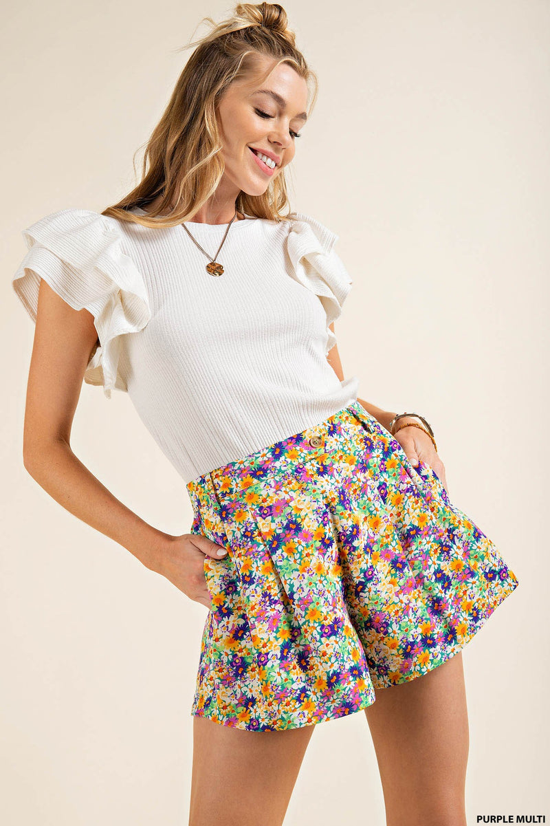 Green Floral Button Closure Shorts
