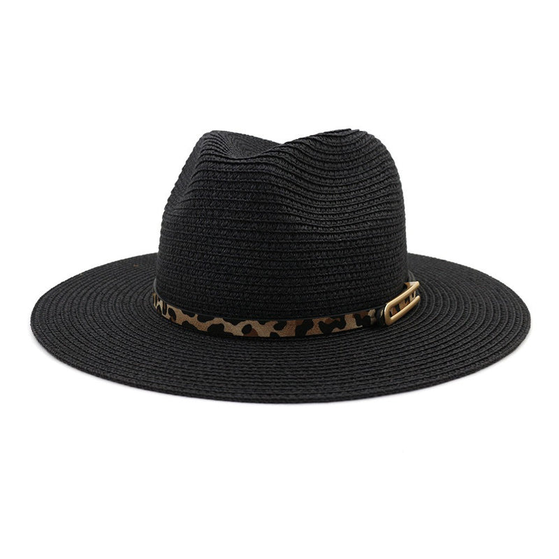 Leopard Leather Belt U Shaped Buckle Straw Hat