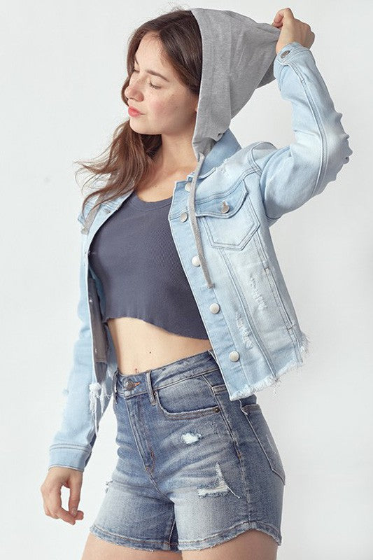 Distressed Denim Jacket w/ Detachable Hoodie