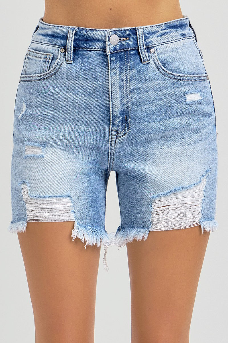 High Rise Mid Thigh Distressed Denim Shorts | RISEN