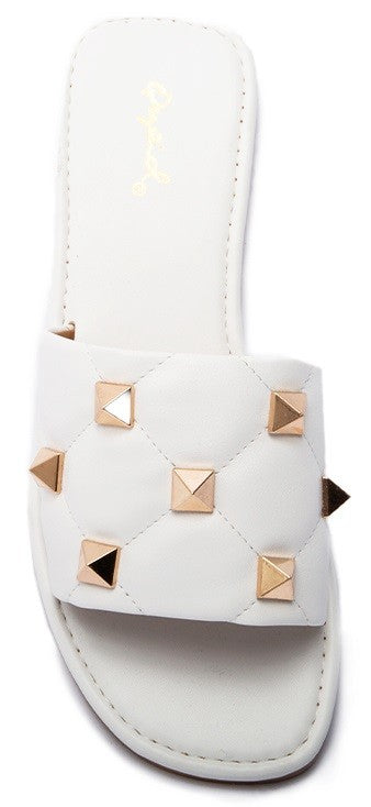 White Studded Single Strap Flat Sandals - Final Sale