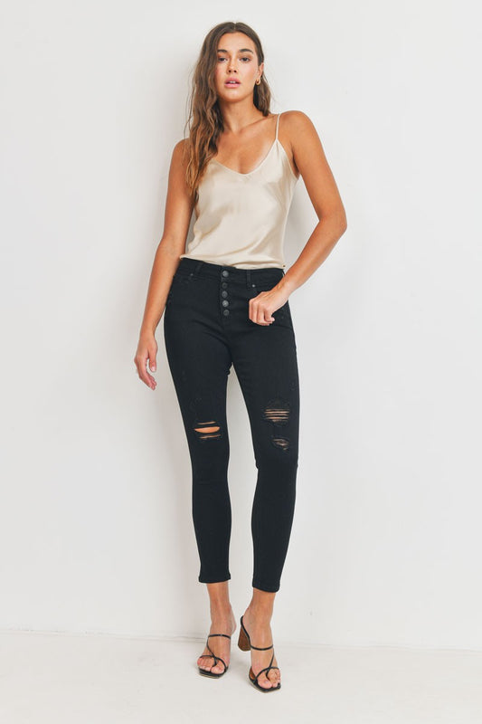 Black 5-Button Destructed Ankle Skinny Denim Jeans