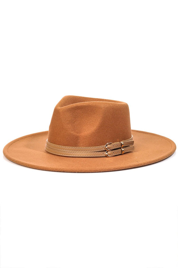 Khaki Double Belt Strap Fedora Hat