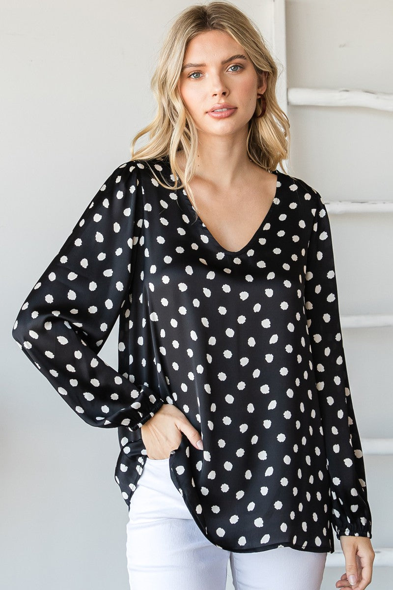 Ditsy Dot Print Satin V-Neck Long Sleeve Top *DEAL - COUPON EXCLUDED*