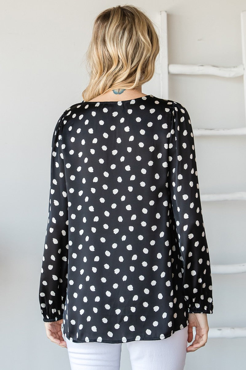 Ditsy Dot Print Satin V-Neck Long Sleeve Top *DEAL - COUPON EXCLUDED*