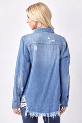 Medium Wash Distressed Denim Button-Down Shirts | Risen