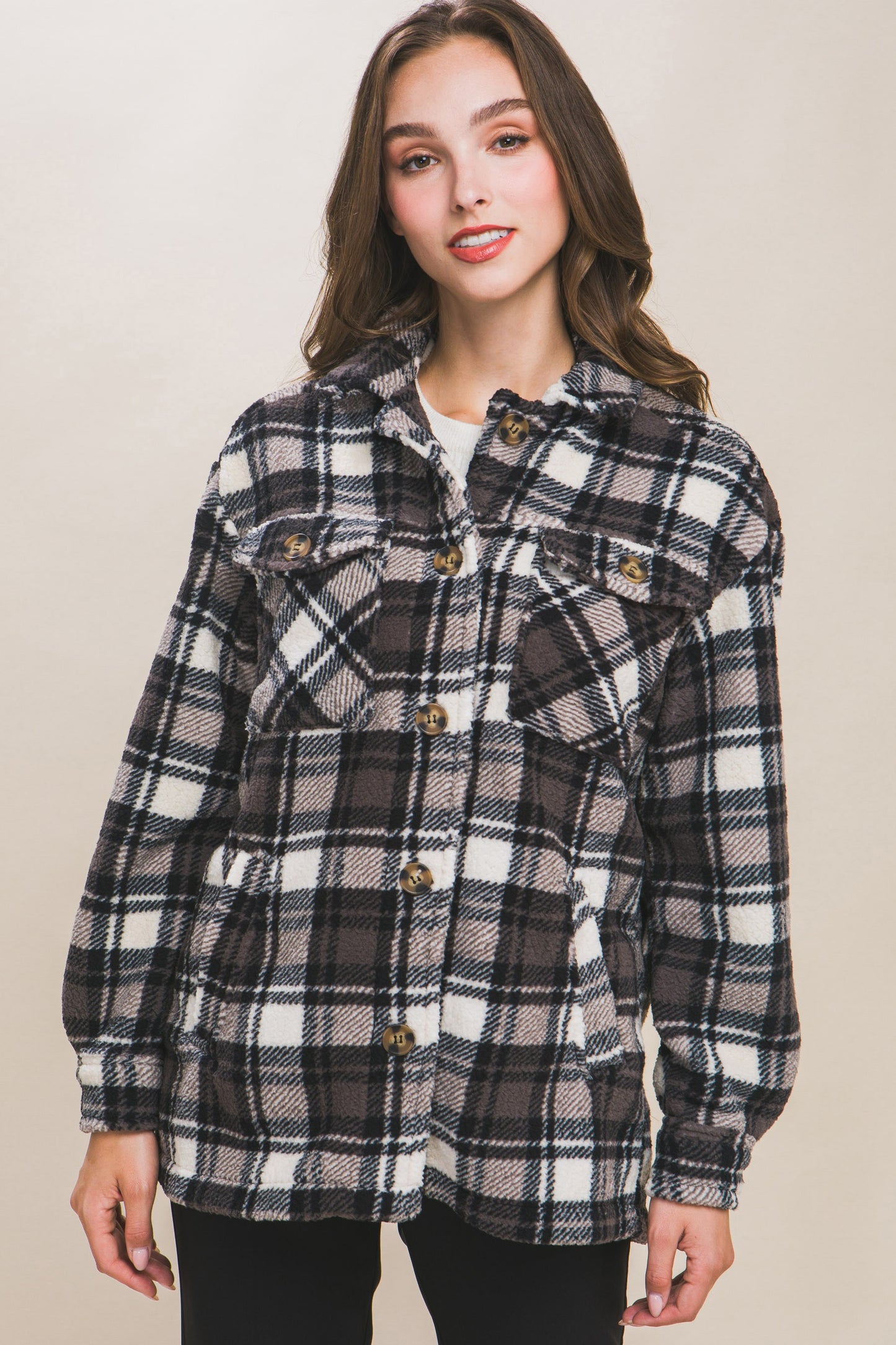 Sherpa Fleece Plaid Jacket - Black & Ivory