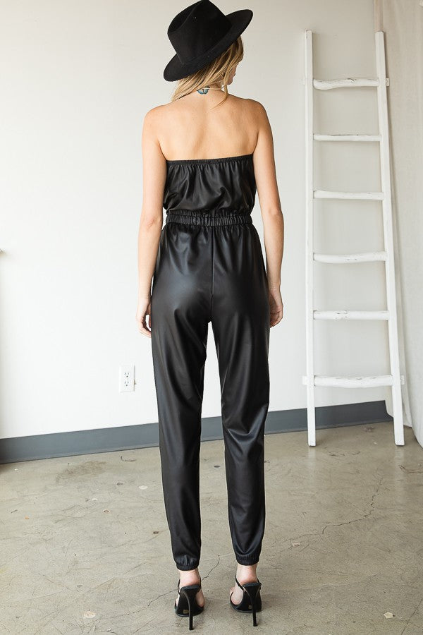 Faux Leather Strapless Jumpsuit