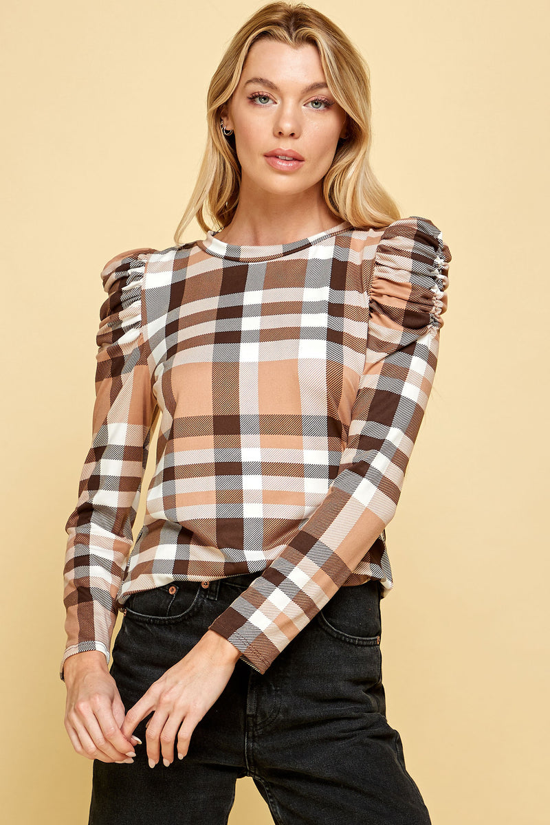 Plaid Top with Ruffled Sleeves | Taupe