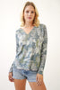 Camo Print Spliced V-neck Lettuce Hem Top | MYSTREE *30A JANUARY PREORDER