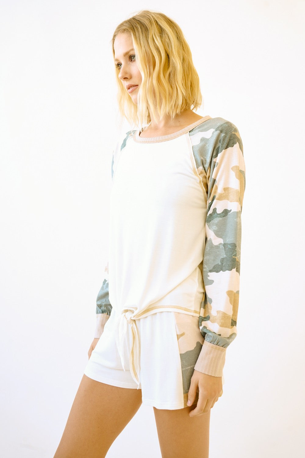 Tie Front Camo Sleeves Pullover | MYSTREE *30A JANUARY PREORDER