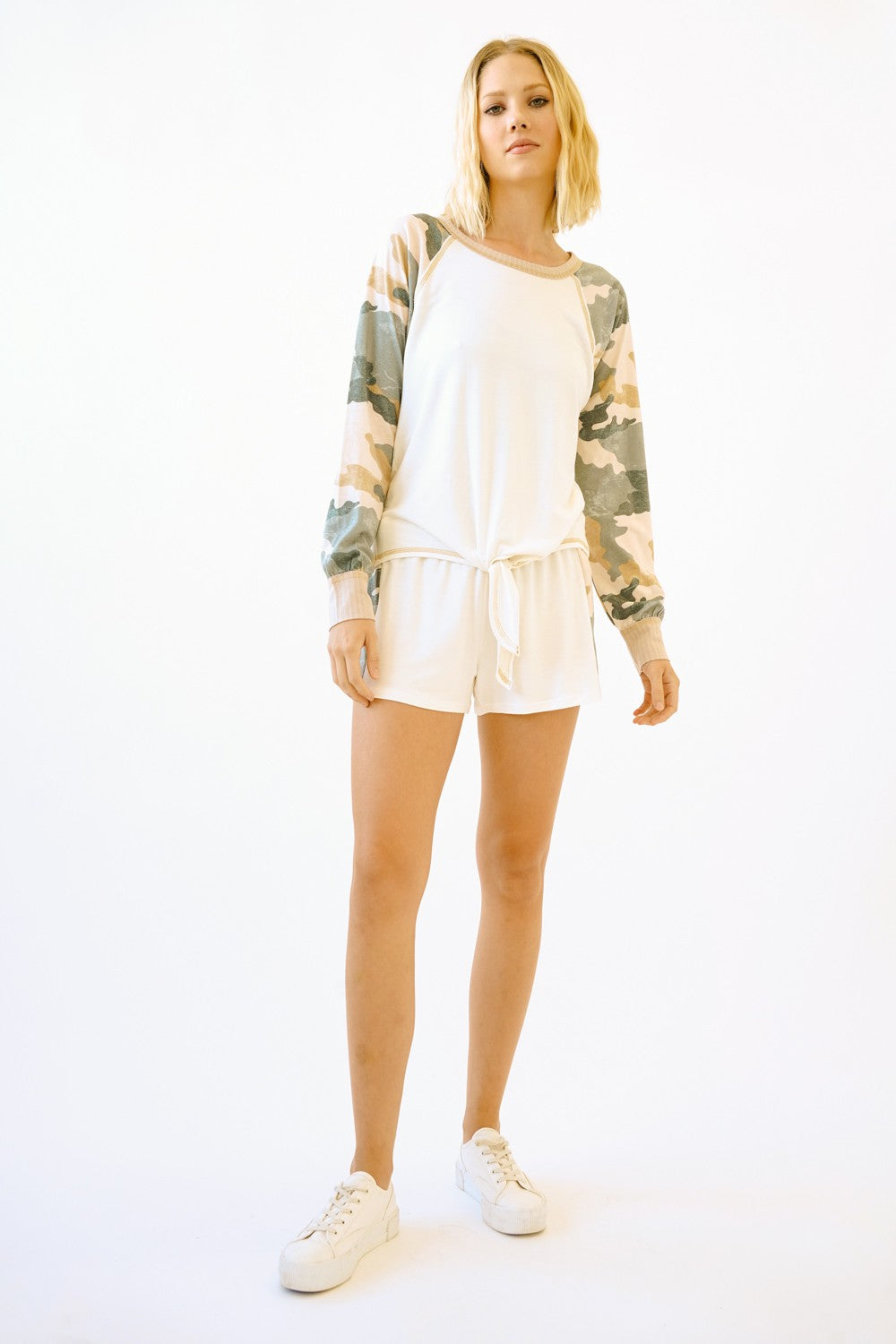 Tie Front Camo Sleeves Pullover | MYSTREE *30A JANUARY PREORDER