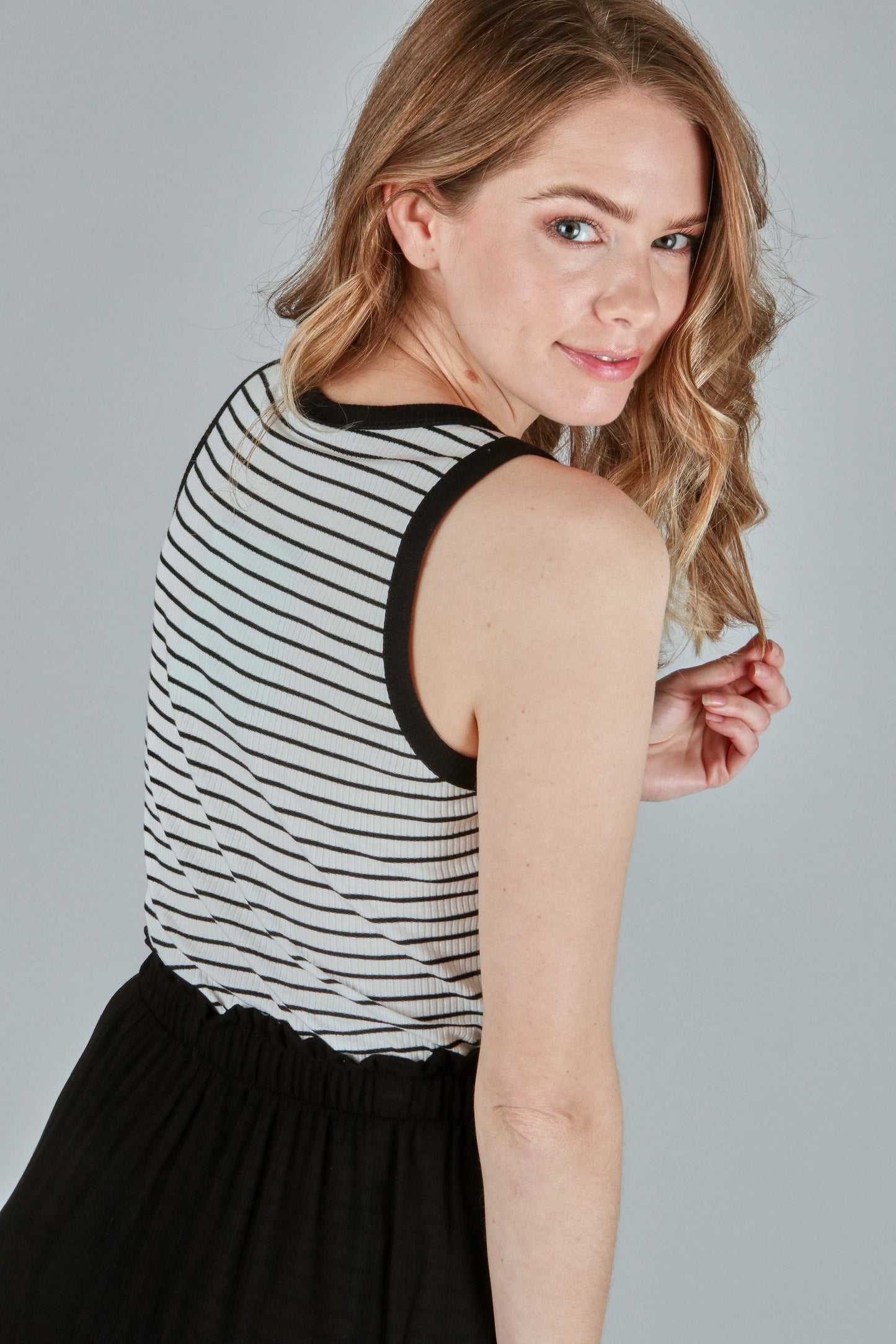 Black White Stripe Placket Tank Top