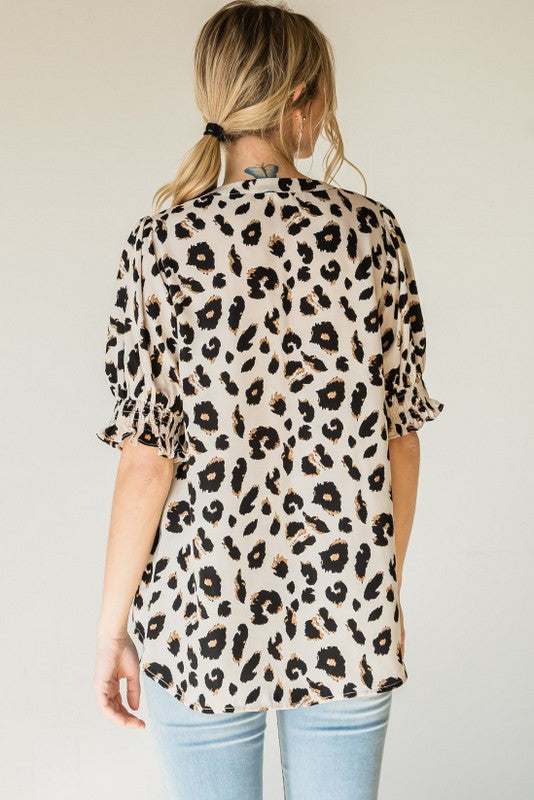 Ivory Leopard Bubble Sleeve Top