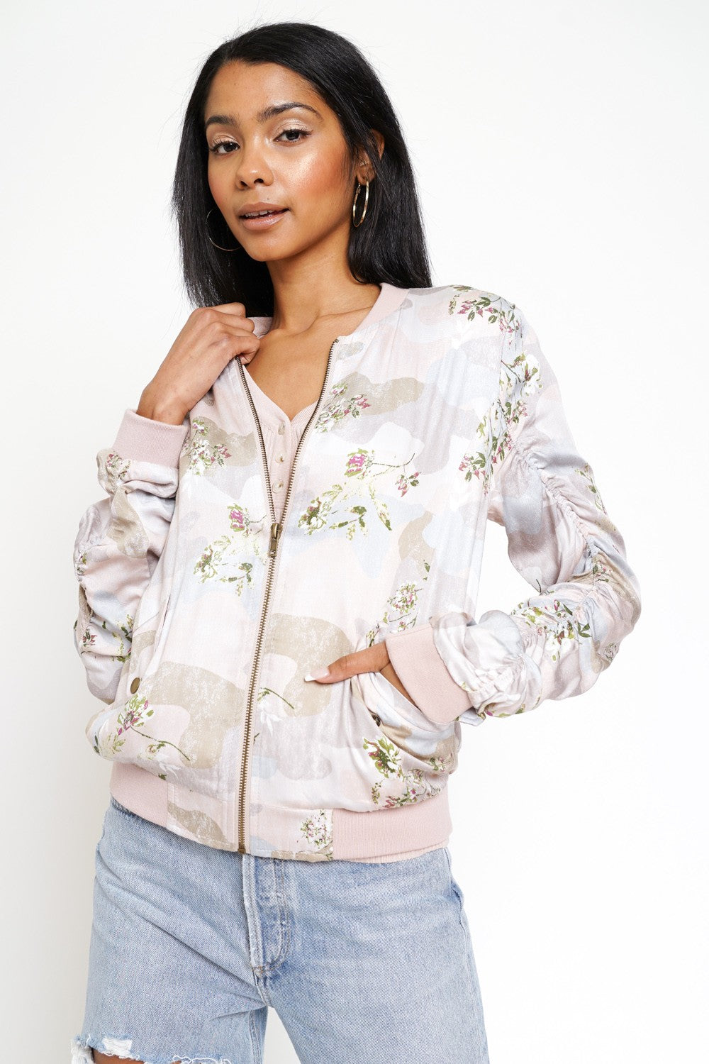 Printed Bomber Jacket with Shirring | MYSTREE *30A JANUARY PREORDER