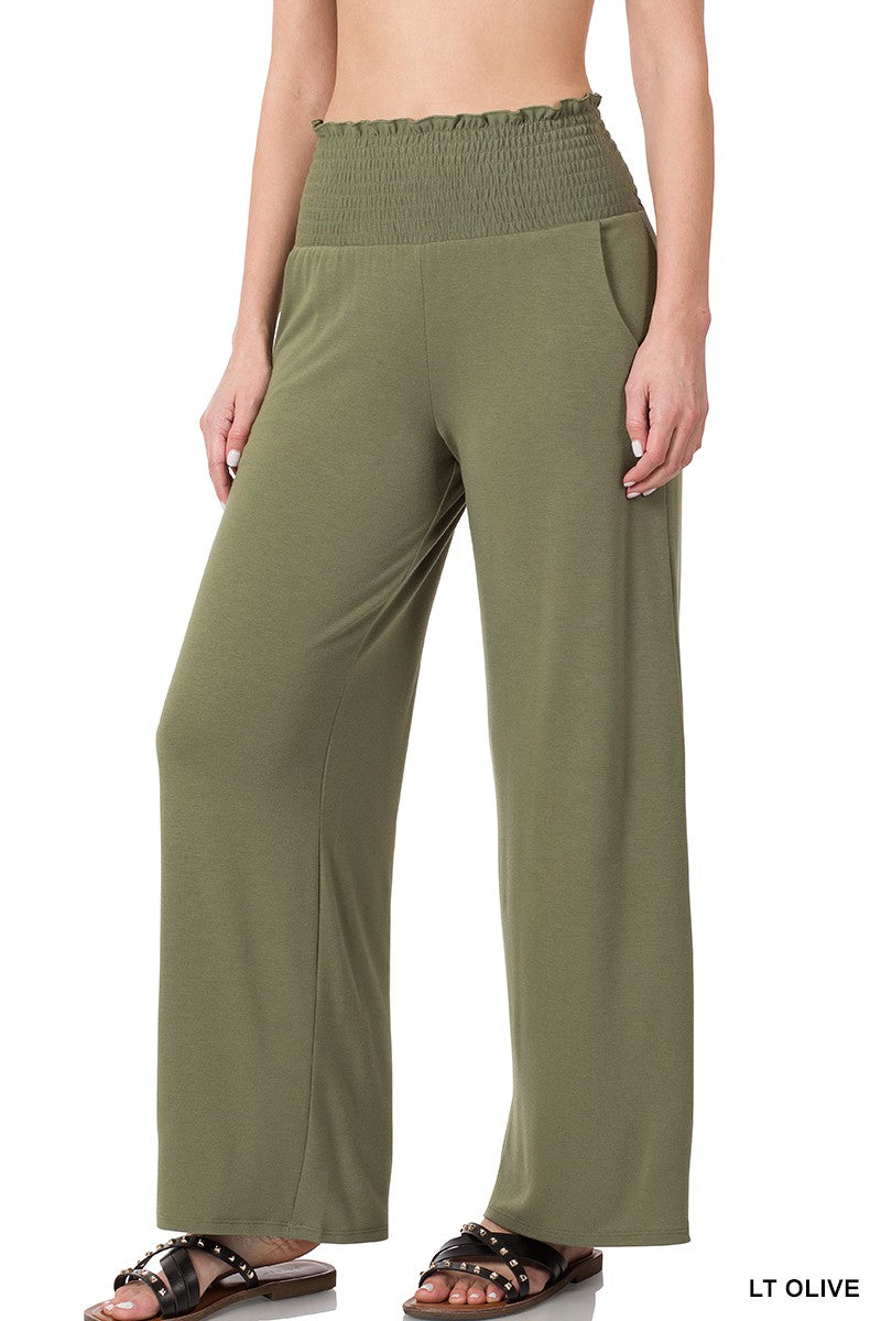 Lt Olive Smocked Wide Leg Pants