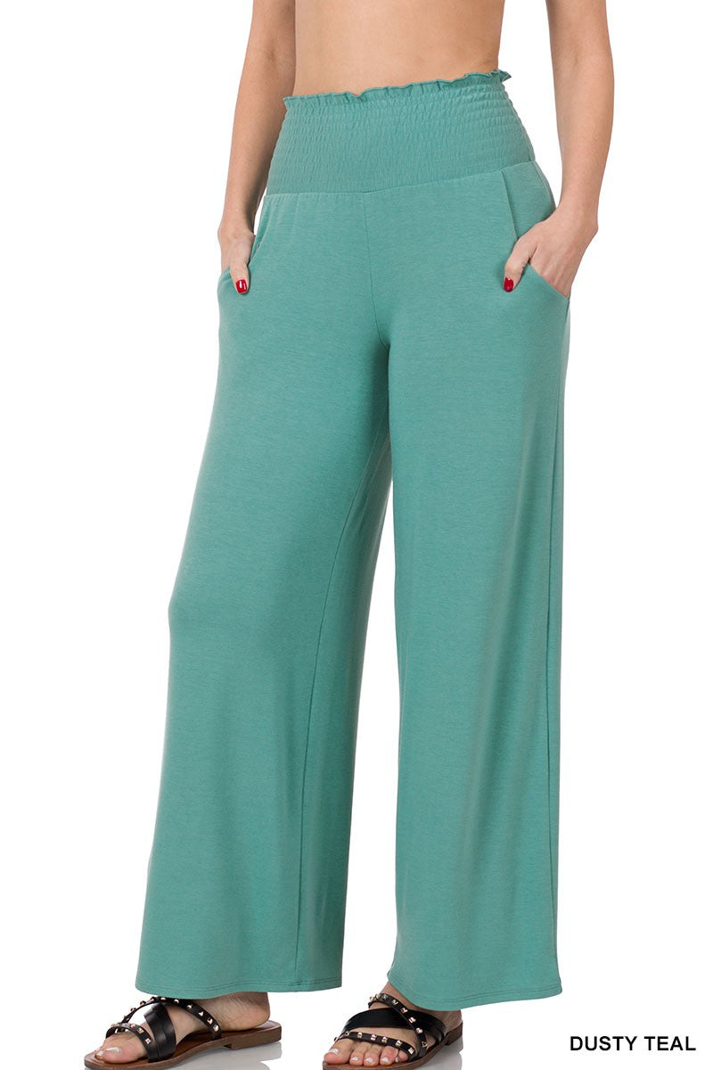 Dusty Teal Smocked Wide Leg Pants