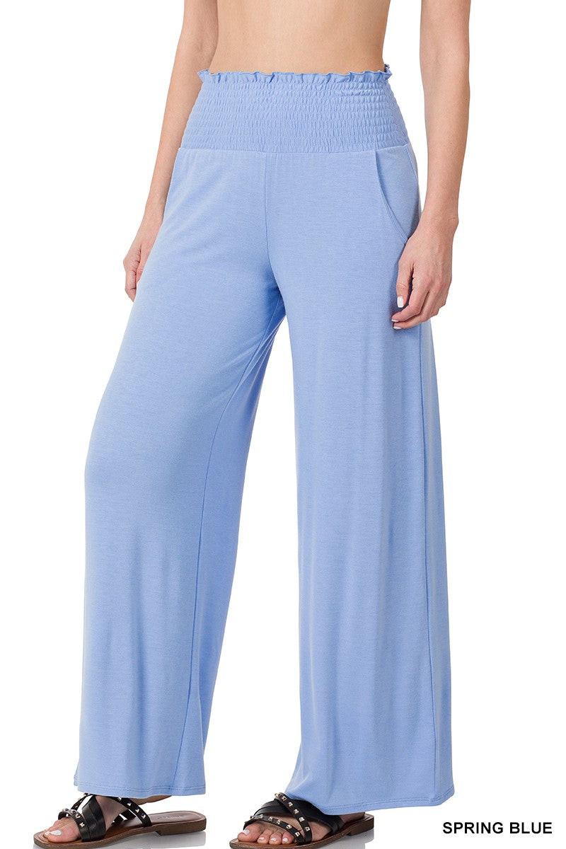 Spring Blue Smocked Wide Leg Pants