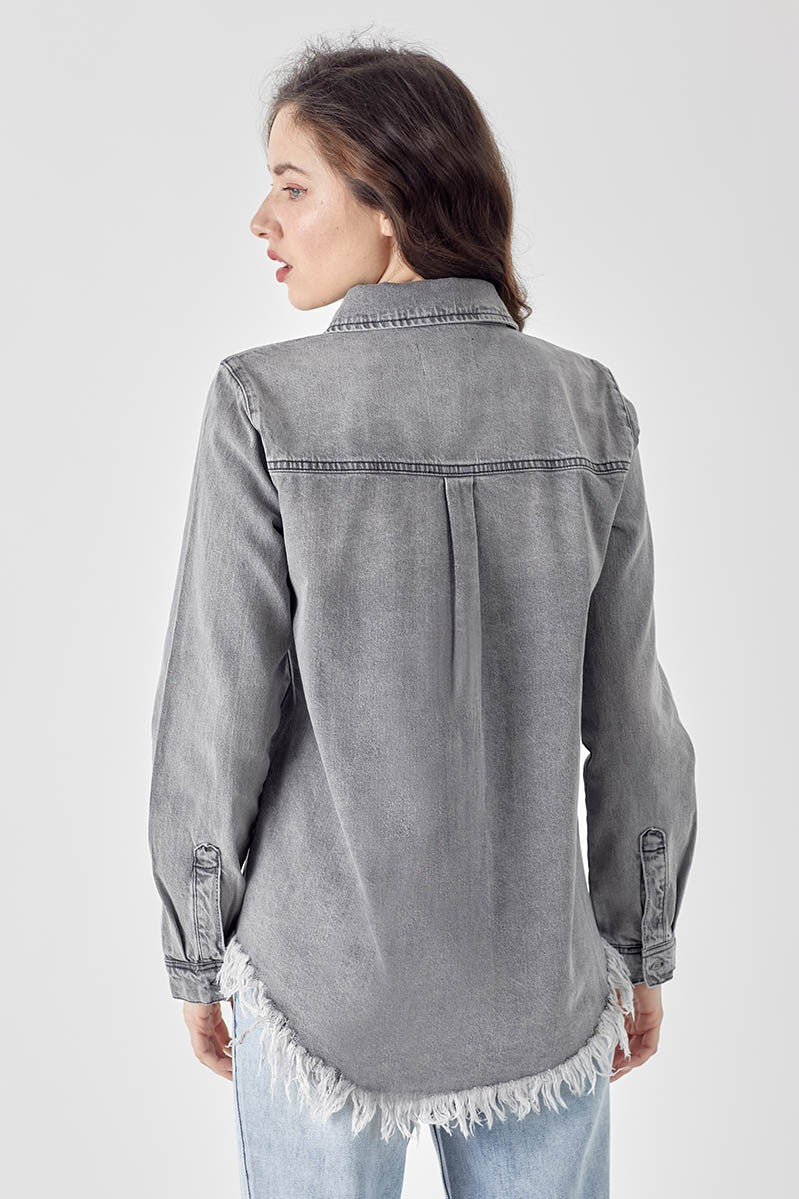 Grey Frayed Hem Denim Shirt