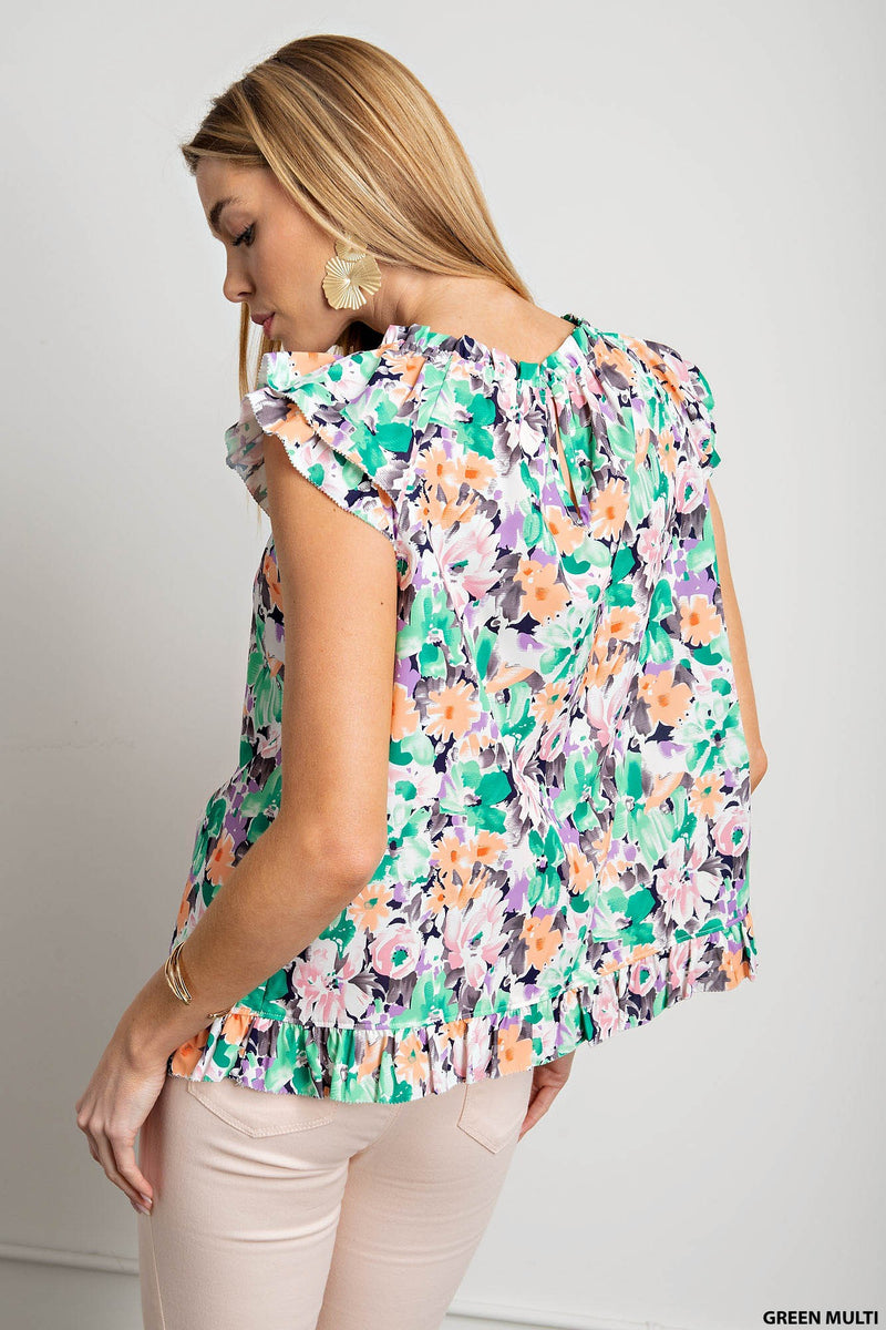 All The Flowers Ruffled Sleeve Top