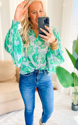 Garden of Luxury Floral Puff Sleeve Blouse - Kelly Green -Final Sale