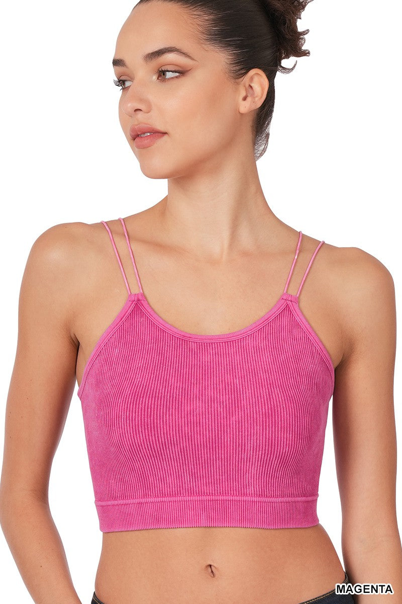 Magenta Washed Ribbed Seamless Double Strap Brami | Zenana