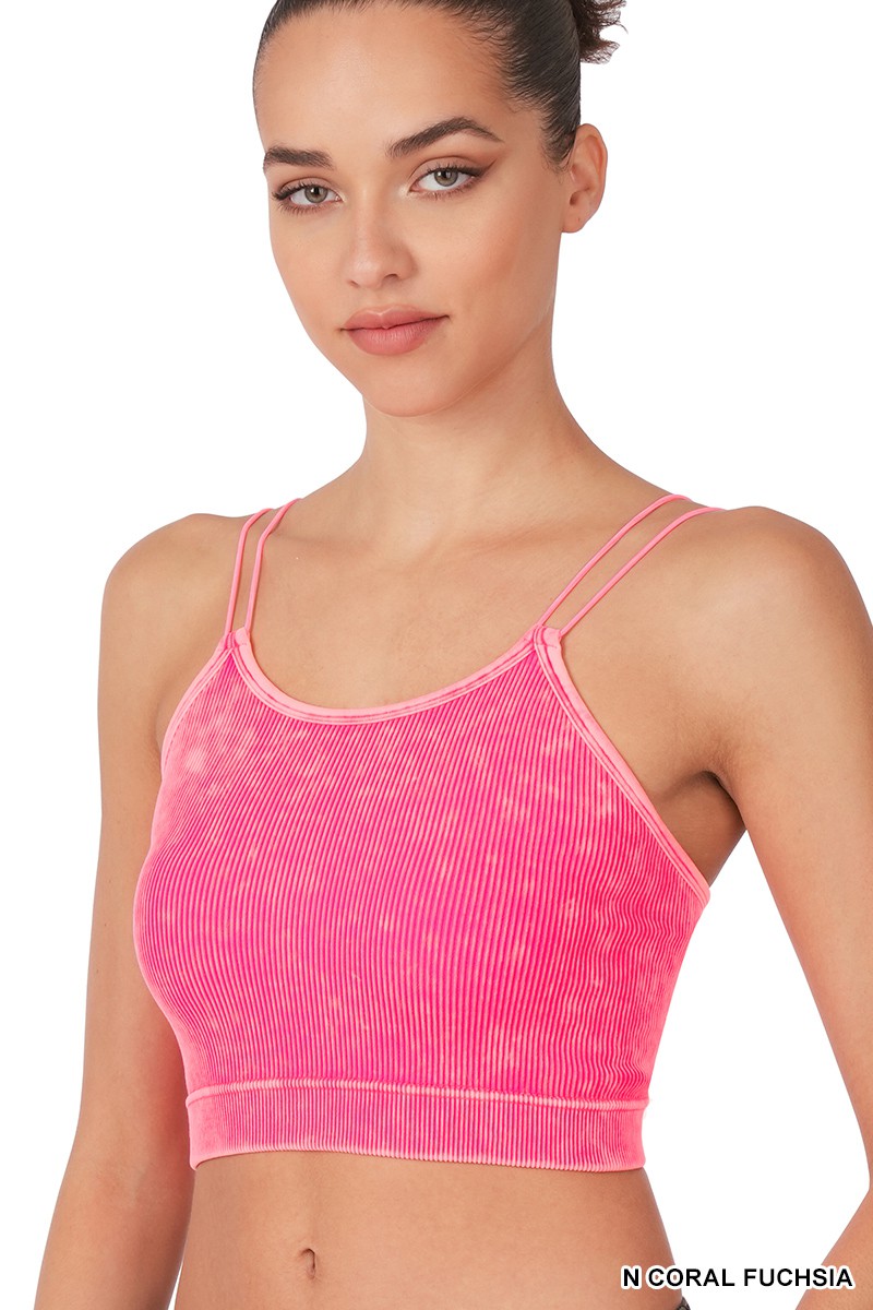 Neon Coral Fuchsia Washed Ribbed Seamless Double Strap Brami | Zenana