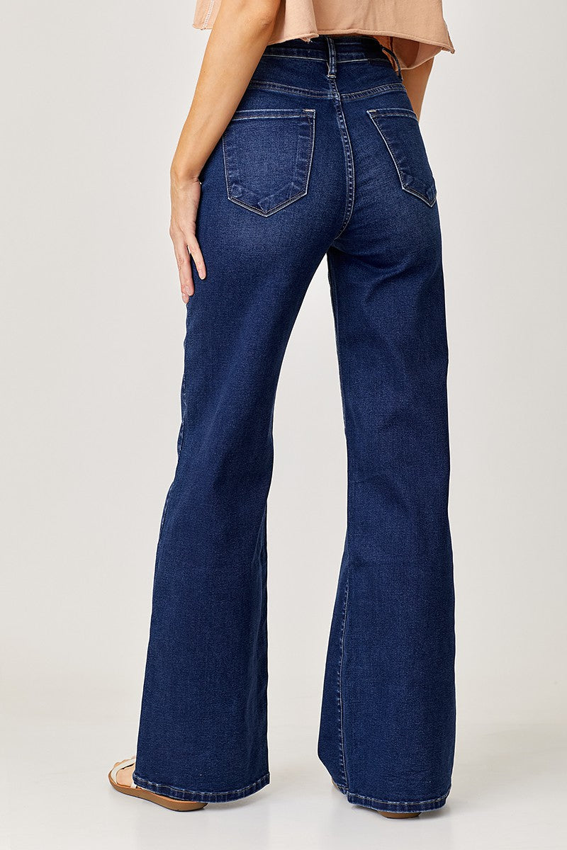 Mid Rise Dark Wash Wide Leg Denim Jeans - Risen