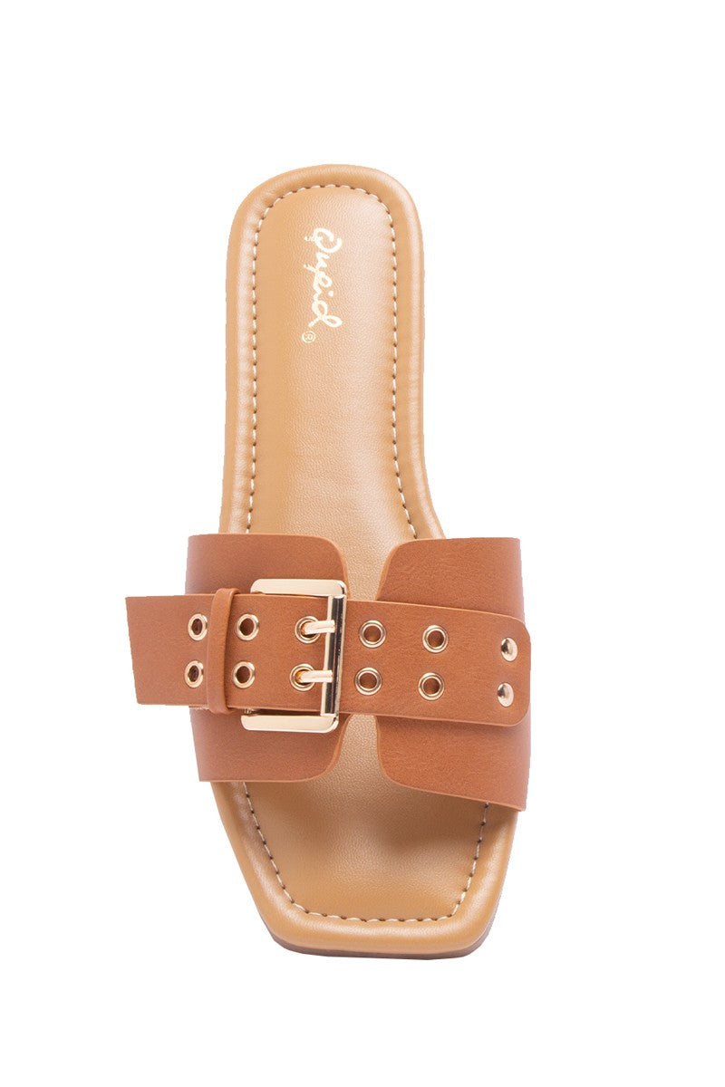 Women’s Belt Eyelet Buckled Strap Slide On Sandals - Cognac Final Sale