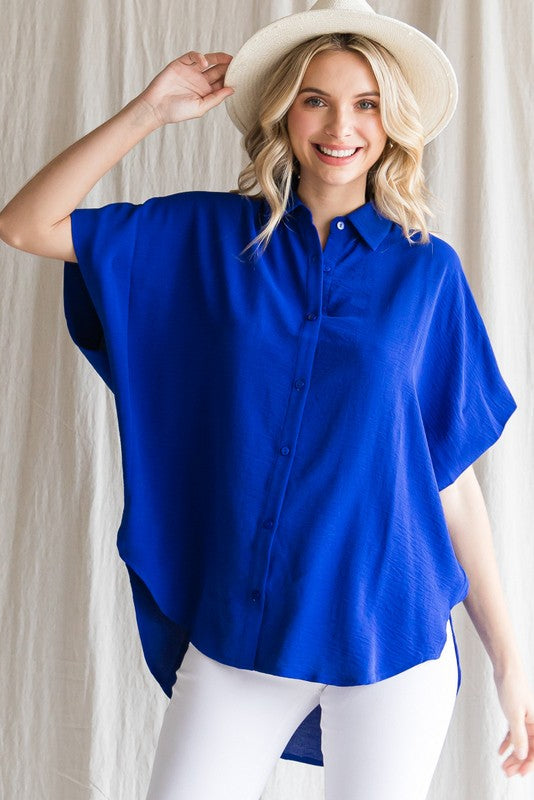 Smile More Solid Short Sleeve Button Up Top - Final Sale