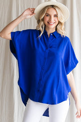 Smile More Solid Short Sleeve Button Up Top